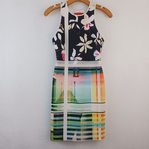Clover Canyon Rainbow Garden Plaid Neoprene Dress Medium Floral Bodycon size S - Picture 1 of 5